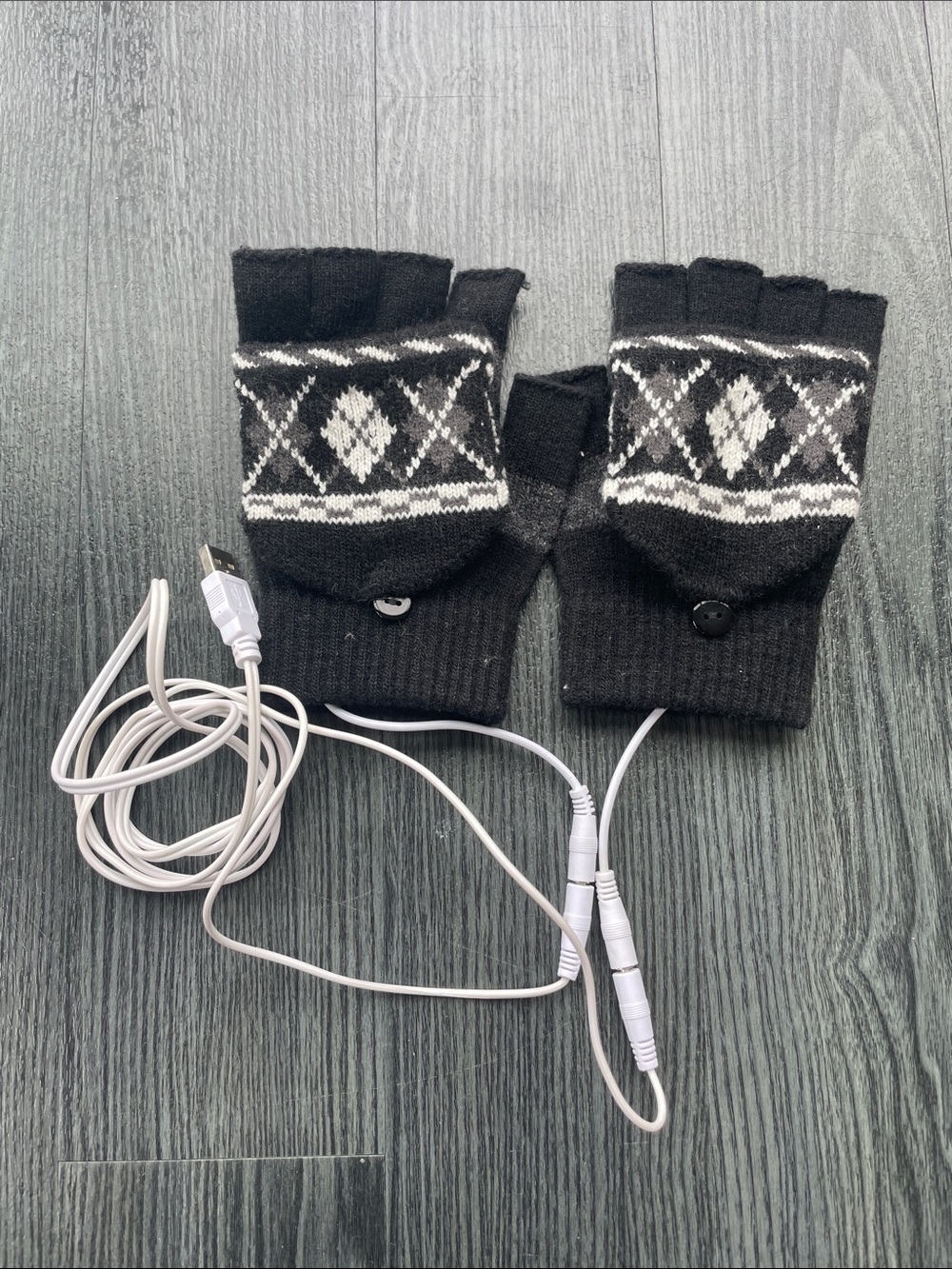Heated Fingerless Flip Mittens - Black & White Pattern
